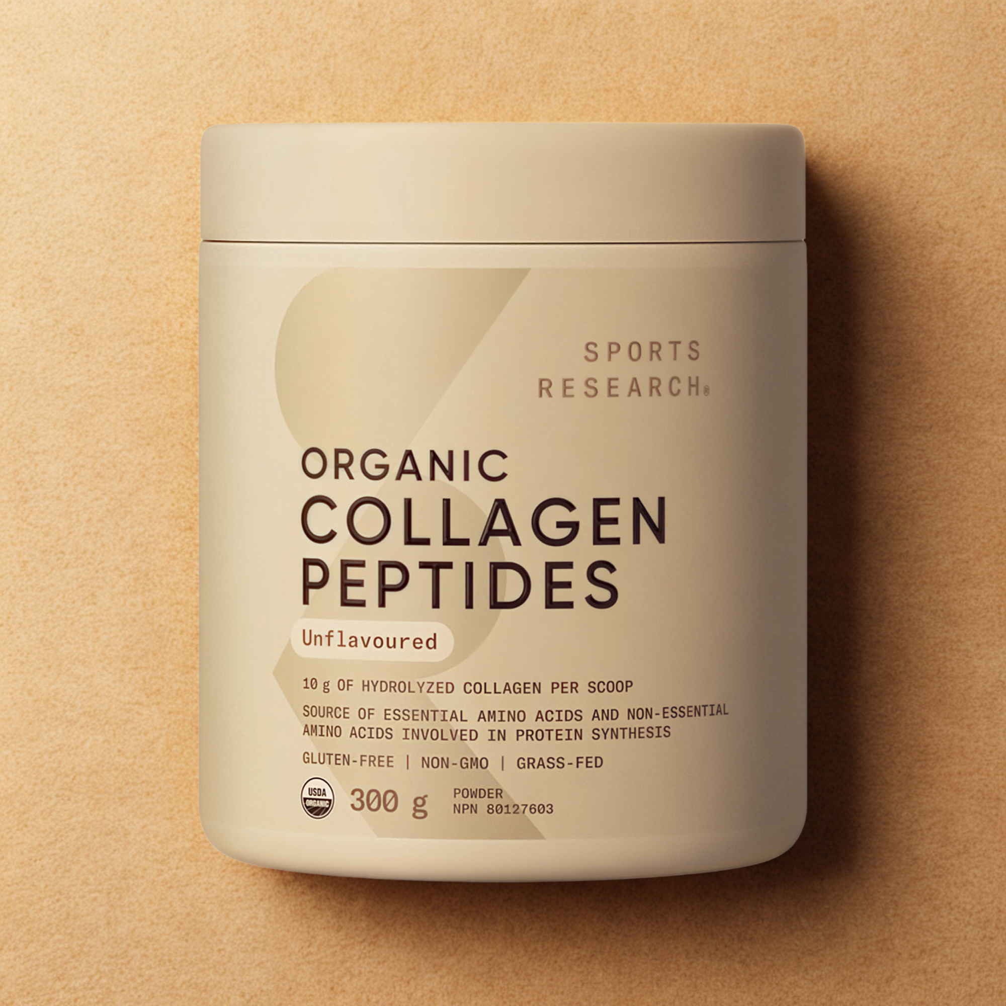 Sports Research Organic Collagen Peptides powder in a beige container labeled “Unflavoured,” displayed on a warm neutral background, highlighting hydrolyzed collagen with 10 g per scoop and 300 g total.