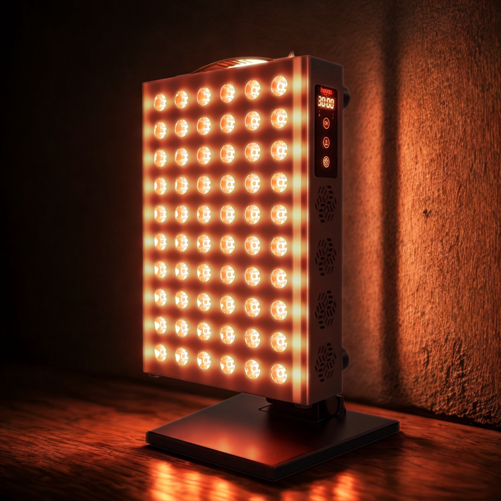 Red light therapy panel with multiple illuminated LED bulbs on a standing base, emitting a warm red glow in a dimly lit room, designed for wellness and muscle recovery use.