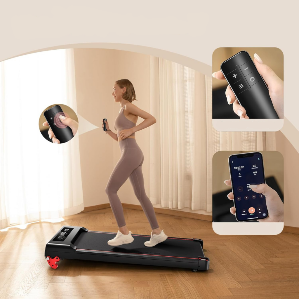 Woman walking on a compact under-desk treadmill at home, using a handheld remote and smartphone app for control, with text highlighting two control methods: remote control and app control.